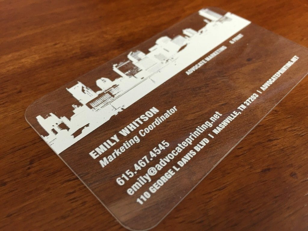 A transparent business card made for emily whitson by advocate marketing and print